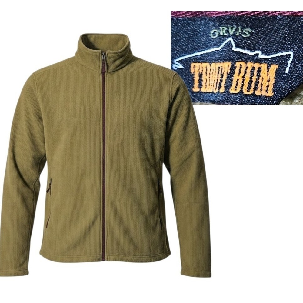 ORVIS TROUT‎ BUM Mens Fleece Jacket Full Zip Olive Green Pocket Collar Size XL